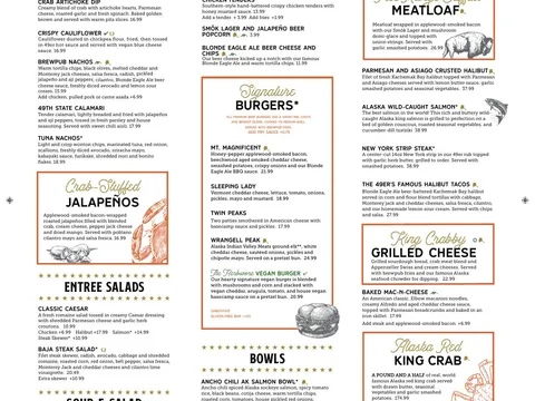 49th State Brewing Anchorage dinner menu - Starters and Mains