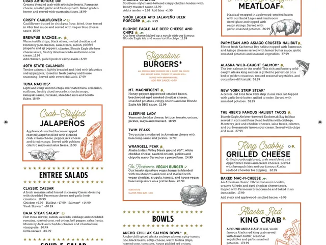49th State Brewing Anchorage dinner menu - Starters and Mains