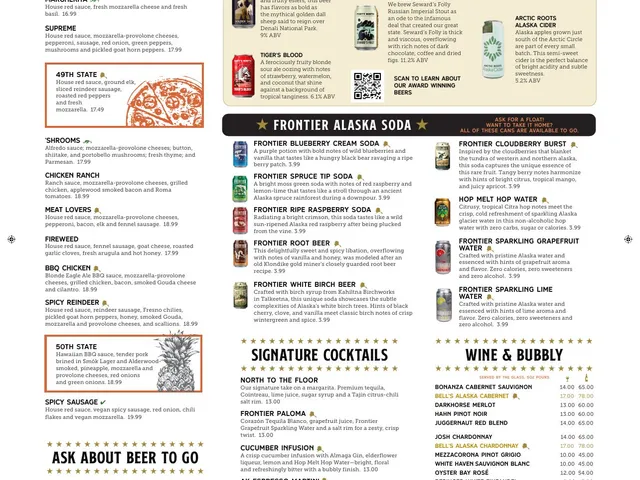 49th State Brewing Anchorage dinner menu - Flatbreads, beer, wine and cocktails