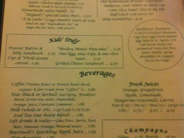 Zachary's menu