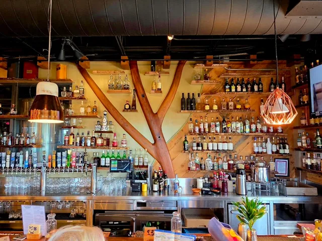 The taproom bar at 49th State Brewing Anchorage, with shelves of spirits and a carved wooden tree