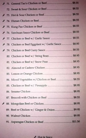 Shun Feng Chinese Restaurant — Chicken Beef menu