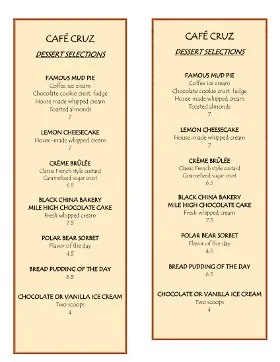 Café Cruz — Cafe Dessert Menu menu