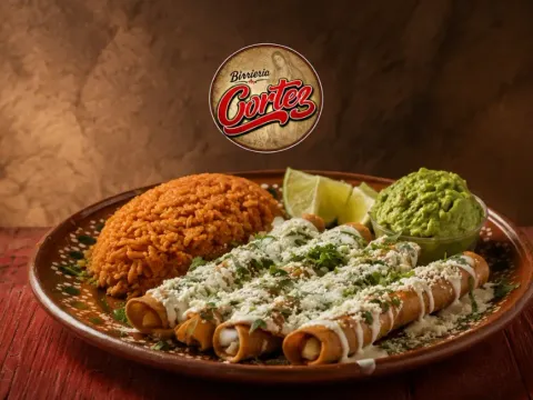 A clay plate of Birrieria y Taqueria Cortez birria flautas topped with cotija cheese, cilantro and crema, served with Mexican red rice, lime and guacamole, beneath the Birrieria Cortez logo