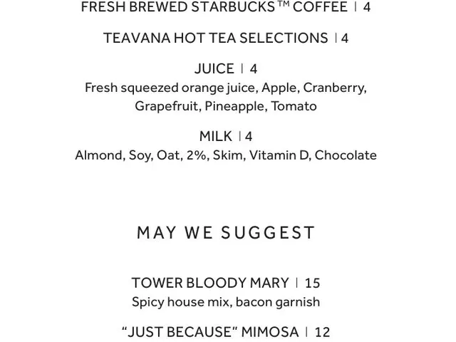 Greatroom breakfast menu page 1 listing beverages, juices, milk choices, Bloody Mary, and mimosa with prices