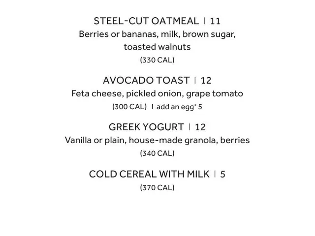 Greatroom breakfast menu page 2 listing oatmeal, avocado toast, yogurt, and cereal with prices and options
