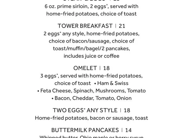Greatroom breakfast menu page 3 listing steak and eggs, Tower Breakfast, omelets, eggs, pancakes, and waffles with prices and choices