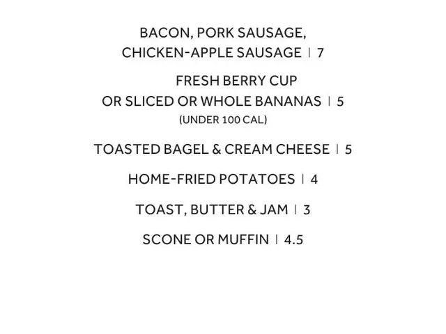 Greatroom breakfast menu page 4 listing breakfast meats, fruit, bagel, potatoes, toast, scone, and muffin with prices