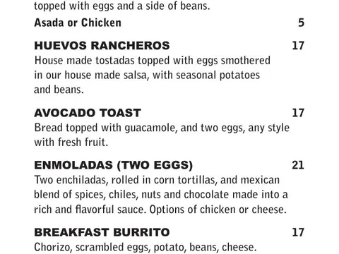 Casa Corazon breakfast and breakfast drinks menu