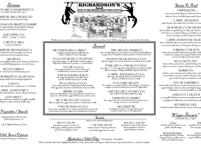 Richardson's official brunch and lunch menu listing botanas, egg dishes, salads, New Mexican entrees, and burgers