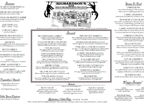 Richardson's official brunch and lunch menu listing botanas, egg dishes, salads, New Mexican entrees, and burgers