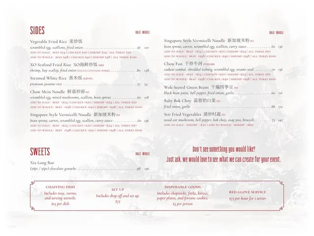 Nine Tailed Fox catering menu page listing sides, sweets, variants, tray sizes, prices, and catering-service options
