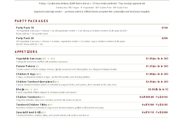 New Delhi Indian Restaurant catering menu page 1 of 4, party packages and appetizers