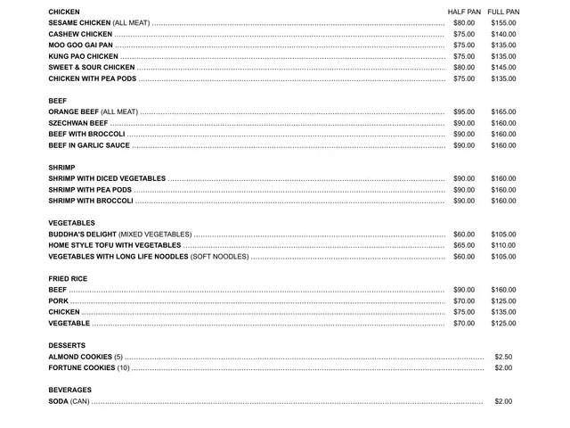 Emperor of China complete catering menu with appetizers, chicken, beef, shrimp, vegetables, fried rice, desserts, beverages, and service policies