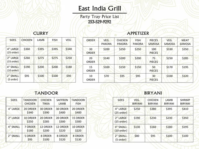 East India Grill official catering menu page listing curry, appetizer, biryani, and tandoor trays with sizes, quantities, and prices