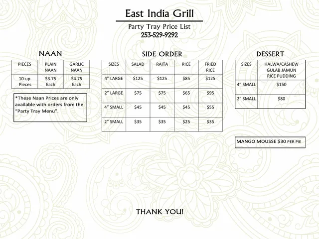East India Grill official catering menu page listing naan, side-order, and dessert trays with sizes and prices