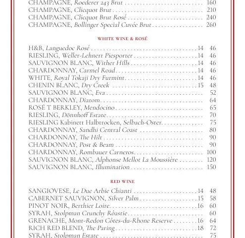 Nine Tailed Fox wine menu page listing sparkling, white, rosé, and red wines with glass and bottle prices