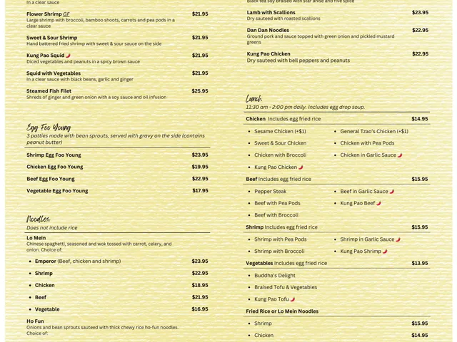 Emperor of China dining-room menu page 2 of 2, Chinese specialties, seafood, egg foo young, noodles, rice, bar drinks, and lunch
