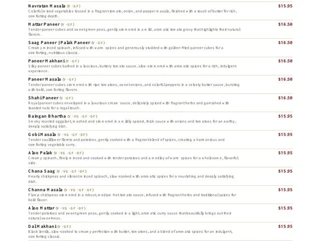 New Delhi Indian Restaurant dining menu page 3 of 7, vegetable dishes