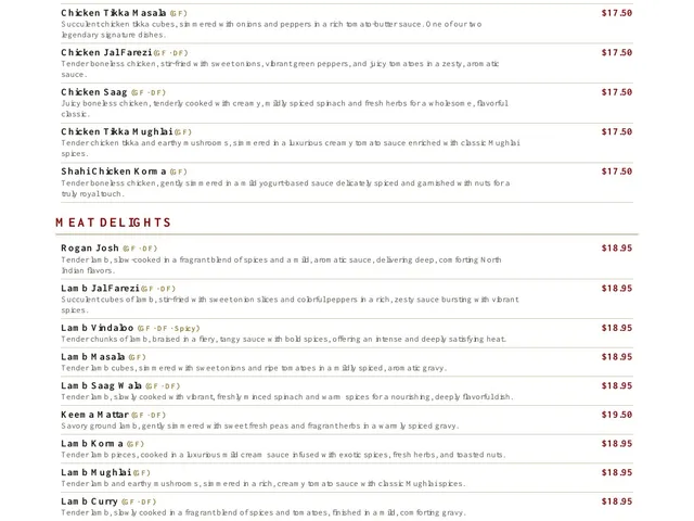 New Delhi Indian Restaurant dining menu page 4 of 7, chicken and lamb dishes