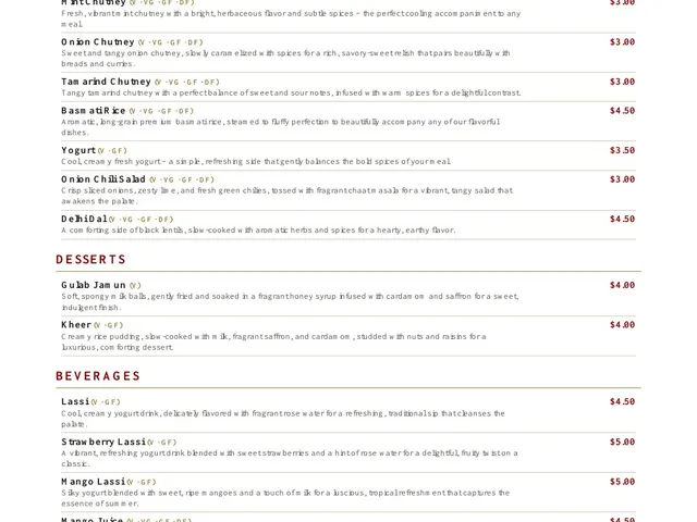 New Delhi Indian Restaurant dining menu page 7 of 7, accompaniments, desserts, and beverages