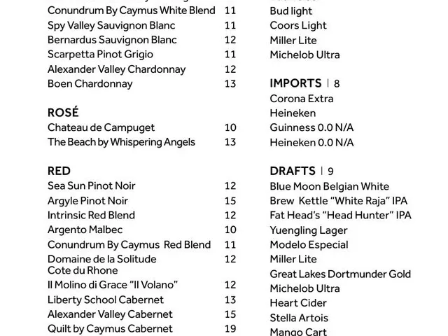 Greatroom dinner menu page 1 listing wine, beer, sparkling wine, and seltzer selections with prices