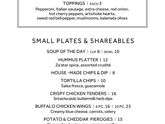 Greatroom dinner menu page 2 listing Nino's pizza, toppings, and small plates with prices and options