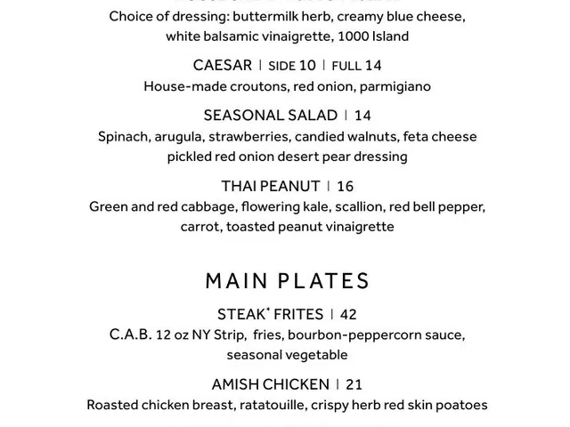 Greatroom dinner menu page 3 listing salads and main plates with prices and protein options