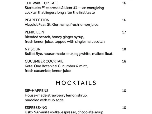Greatroom dinner menu page 6 listing cocktails and mocktails with ingredients and prices
