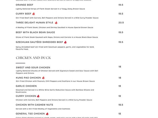 Ambassador Chinese Restaurant dinner menu page listing beef, chicken, and duck dishes