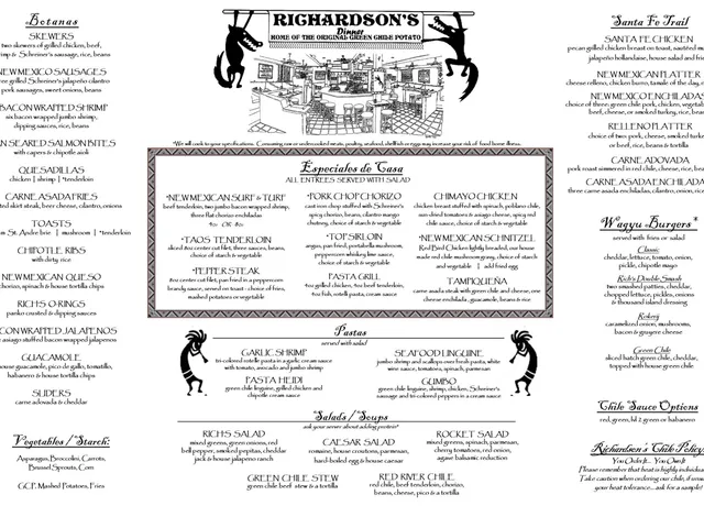 Richardson's official dinner menu listing botanas, house specialties, pastas, salads, soups, New Mexican entrees, and burgers