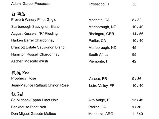 Yunnan Kitchen complete beverage menu page 1 of 2 listing sparkling, white, rose, and red wines