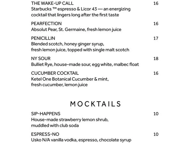 Greatroom drinks menu page 1 listing cocktails and mocktails with ingredients and prices