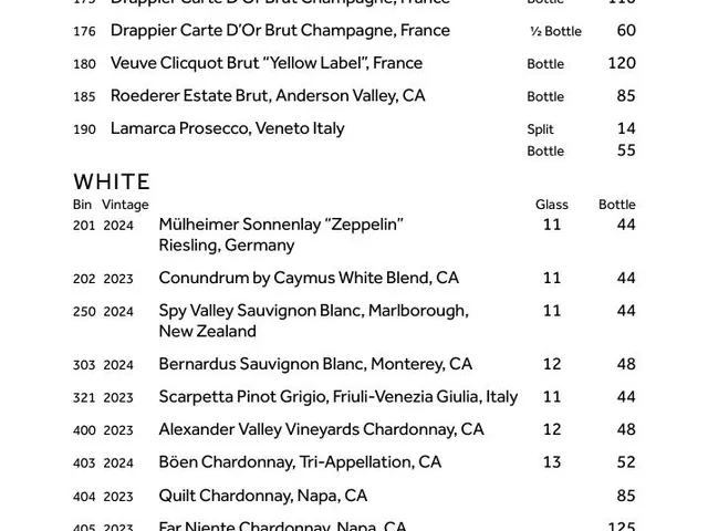 Greatroom drinks menu page 3 listing sparkling, white, and rosé wines by glass and bottle with prices
