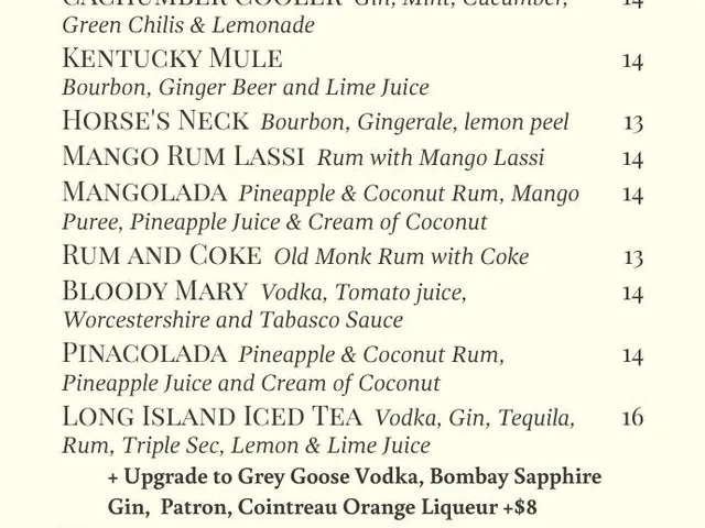 The Maharaja drinks menu page 2 of 4, martinis, cocktails, margaritas, and cosmopolitans