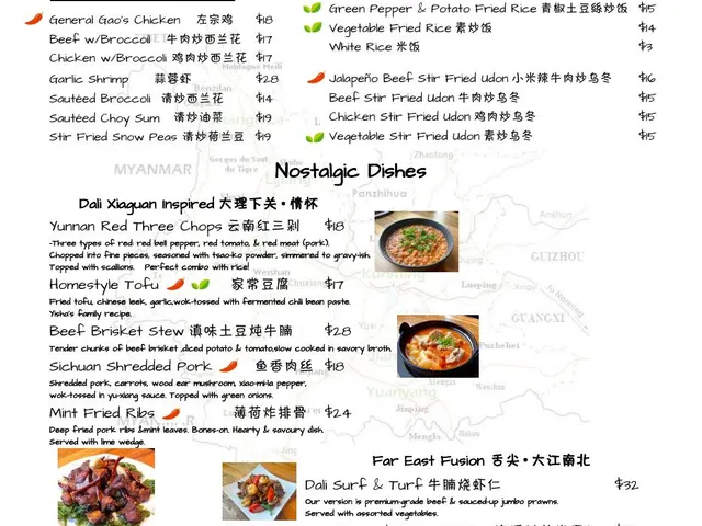 Yunnan Kitchen complete food menu page 5 of 9 listing classics, rice, noodles, nostalgic dishes, and Far East fusion dishes
