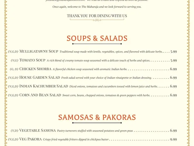 The Maharaja dine-in menu page 1 of 6, soups, salads, samosas, and pakoras