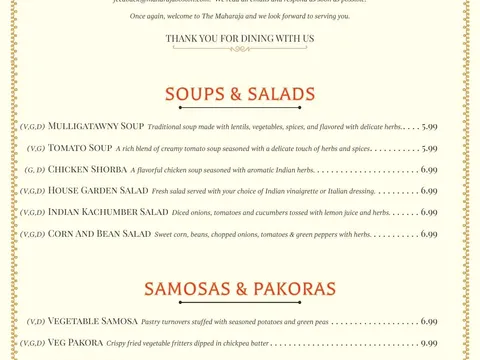 The Maharaja dine-in menu page 1 of 6, soups, salads, samosas, and pakoras