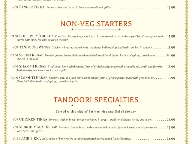 The Maharaja dine-in menu page 2 of 6, vegetarian and non-vegetarian starters and tandoori specialties