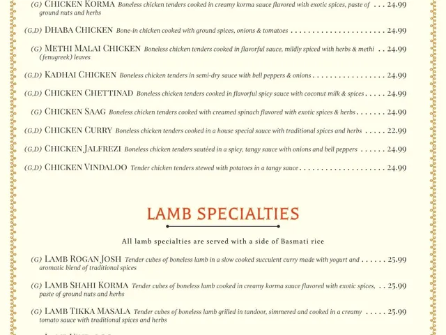 The Maharaja dine-in menu page 4 of 6, chicken and lamb specialties