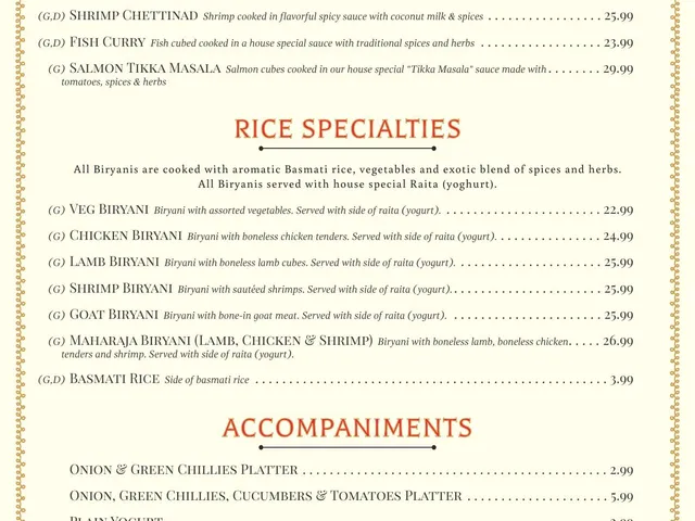 The Maharaja dine-in menu page 5 of 6, seafood, rice specialties, and accompaniments