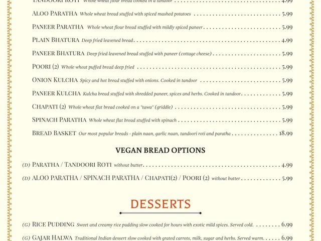 The Maharaja dine-in menu page 6 of 6, breads, vegan bread options, and desserts