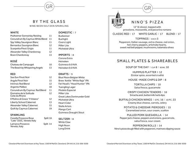 Greatroom lunch menu page 1 listing wine, beer, sparkling wine, seltzer, pizza, and small plates with prices and options