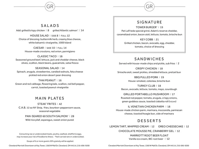 Greatroom lunch menu page 2 listing salads, main plates, signature dishes, sandwiches, and desserts with prices and options
