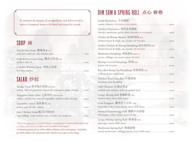 Nine Tailed Fox lunch and dinner menu page listing salads, soups, dim sum, spring rolls, Chinese names, descriptions, prices, dietary marks, and dining conditions