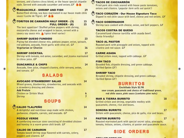 Casa Corazon lunch and dinner menu page one with appetizers, salads, soups, kids dishes, tacos, burritos, and sides