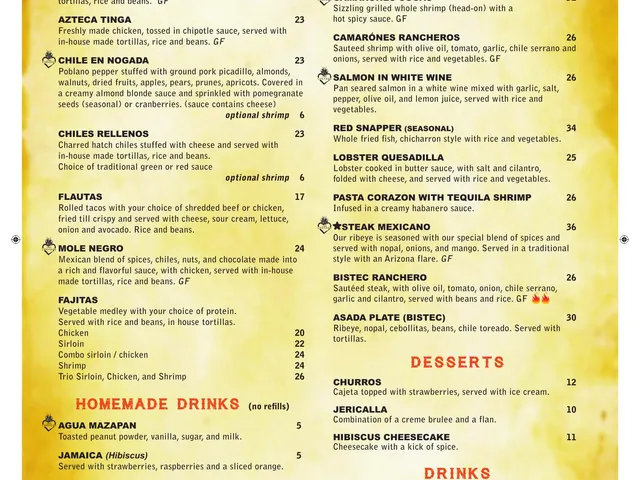Casa Corazon lunch and dinner menu page two with traditional dishes, homemade drinks, seafood, meat, desserts, and drinks