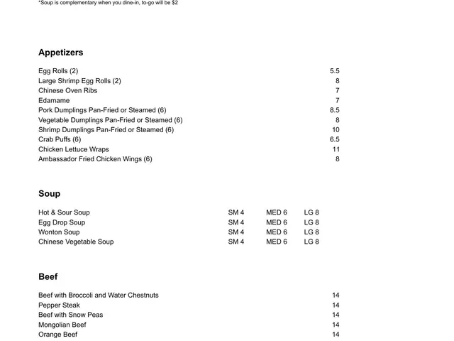 Ambassador Chinese Restaurant lunch menu page listing service terms, appetizers, soup, and beef dishes