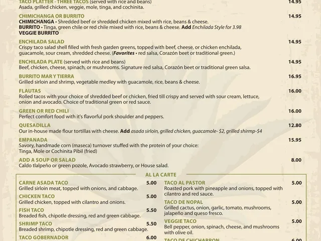 Casa Corazon weekday lunch specials and à la carte menu