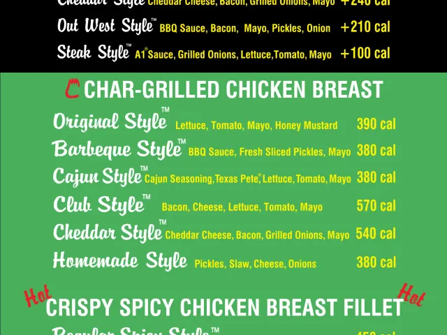 Cook Out official menu board listing char-grilled hamburgers, chicken sandwiches, chicken strips, and wraps